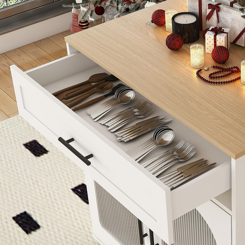 Îlot de cuisine de 80 pouces avec table de salle à manger, comptoir en bois massif avec prise de courant, chariot de rangement mobile avec armoire et 2 tiroirs, table de préparation pour la cuisine (blanc)