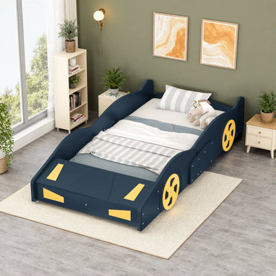 Lit plateforme simple en forme de voiture de course avec roues et rangement - bleu foncé + jaune, aucun sommier tapissier requis