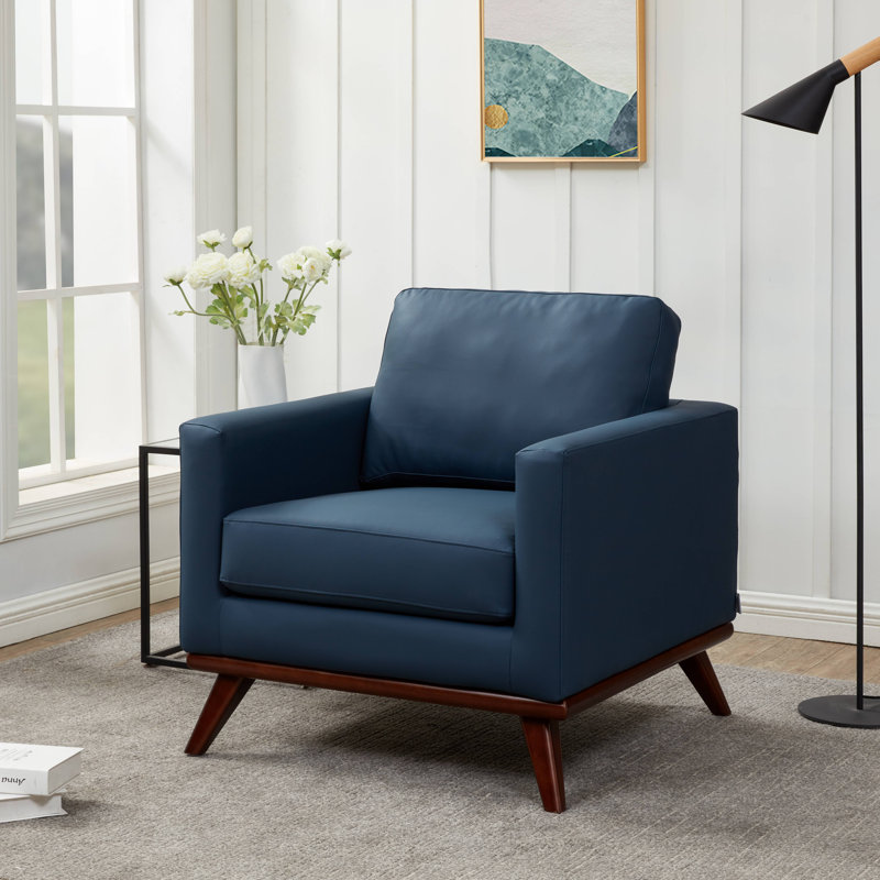 Fauteuil d'appoint Khadeshia en cuir, style moderne du milieu du siècle – Structure en bois de bouleau massif, mousse haute densité et ressorts ensachés, capacité de charge de 136 kg (300 lb), idéal pour le salon, la chambre ou un bureau de direction.