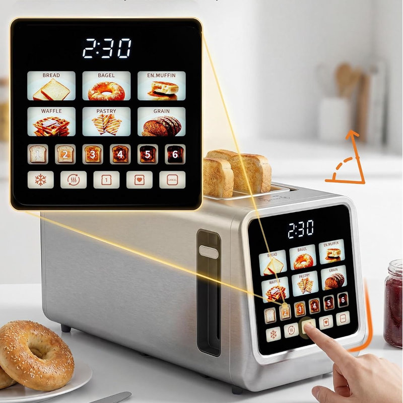 Digital 2-Slice Stainless Steel Smart Toaster with LED Touchscreen, Countdown Timer & 6 Bread Settings