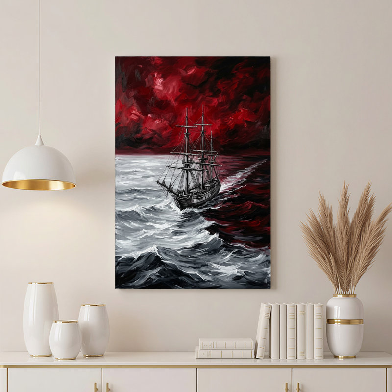 Art mural sur toile noir avec voilier gris sur fond de ciel rouge profond, H 24 po x l 16 po