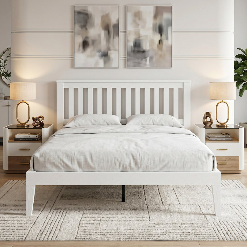 Japer Full Size Bed Frame with Headboard & Footboard, Solid Wood Platform Bed, 12 Sturdy Slatted Structure with Metal Legs, Anti-Slip & Noise-Free, Pure White Finish