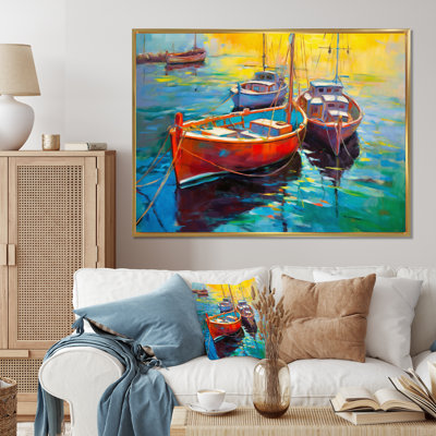 Trois bateaux dans le port II - art mural port côtier