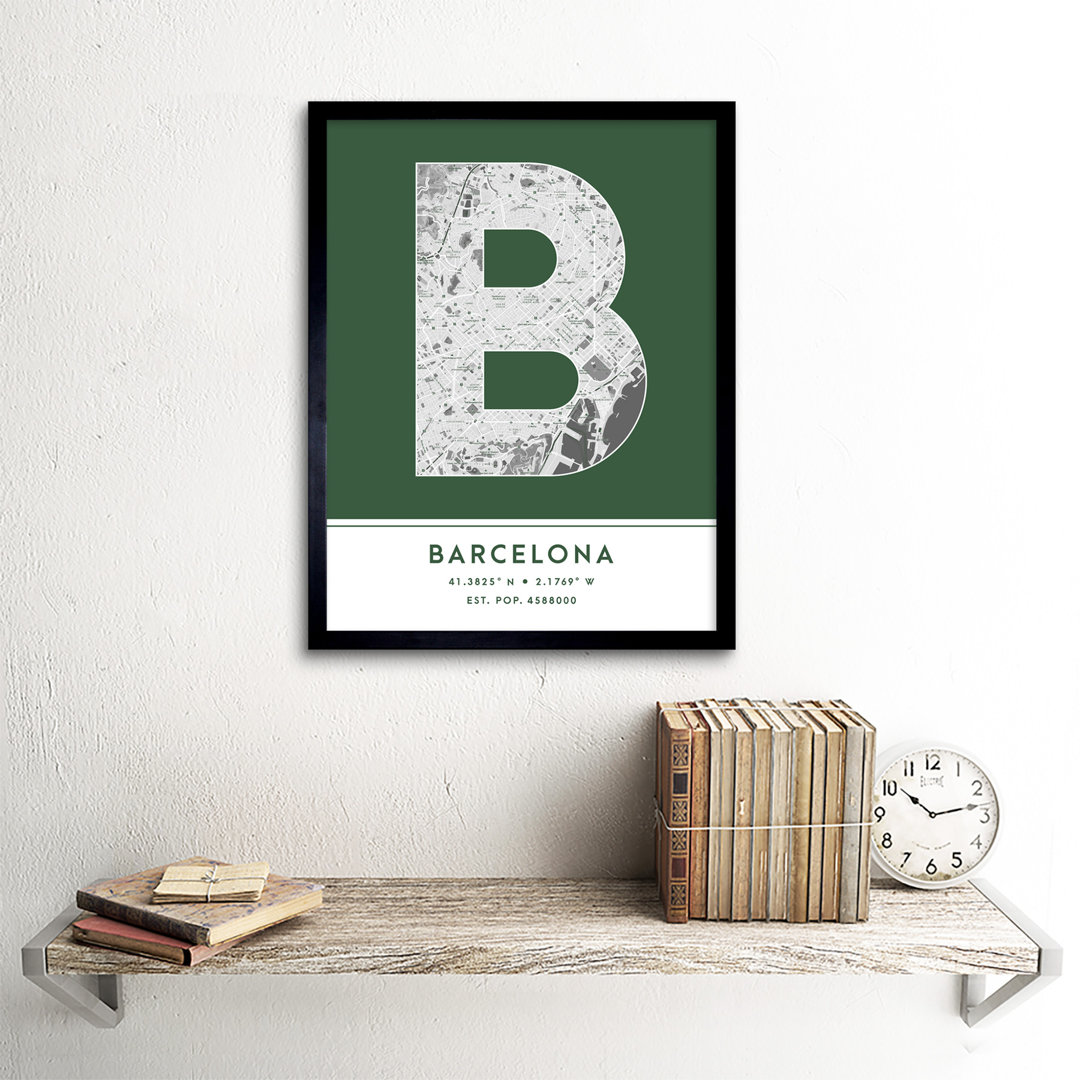 Barcelona City Map Barcelona Green by Wee Blue Coo - Single Picture Frame Typography