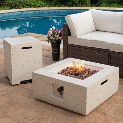 Table de foyer d'extérieur au propane en béton avec couvercle de réservoir