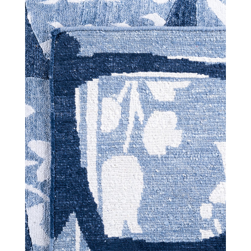 Blue Hand-Knotted Silk Rectangular Area Rug, 9' 1" x 12' 3"