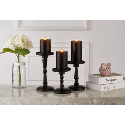 Flameless Pillar Candles Flickering with Remote Timer, Battery Operated LED Candles Up to 400 Hours, 3D Moving Flame Real Wax Candles, Set of 3, D3 x H4, 5", 6",Remote Included(Black)