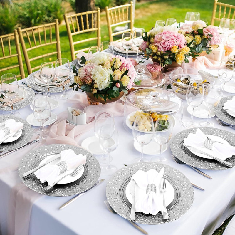 12 Pack 13'' Silver Plastic Embossed Floral Charger Plates for Wedding & Party Table Decor, Silver 