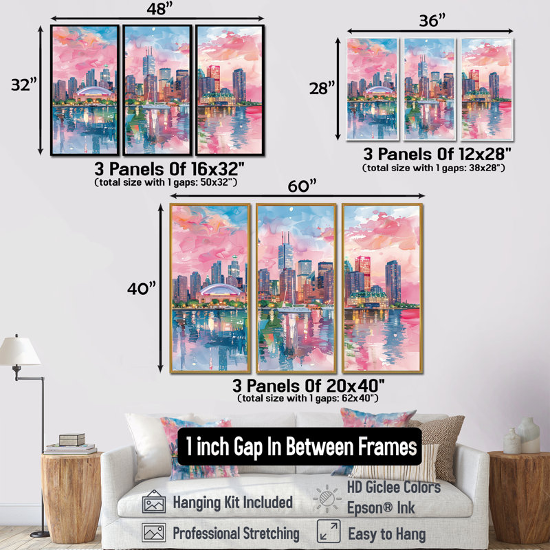 «Pink Toronto Cityscape View I - City Toronto», ensemble d'art mural, Toile encadrée flottée blanche
