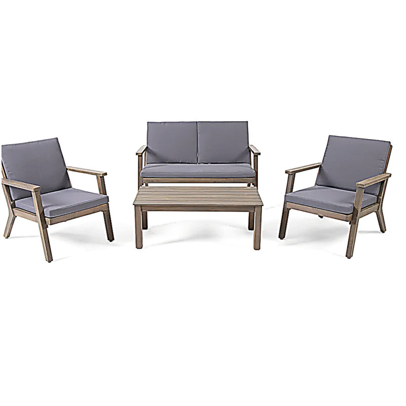 Ensemble de causeuse d'extérieur en bois d'acacia 4 places Temecula - Causeuse, table basse et 2 fauteuils club - fini gris + coussin gris