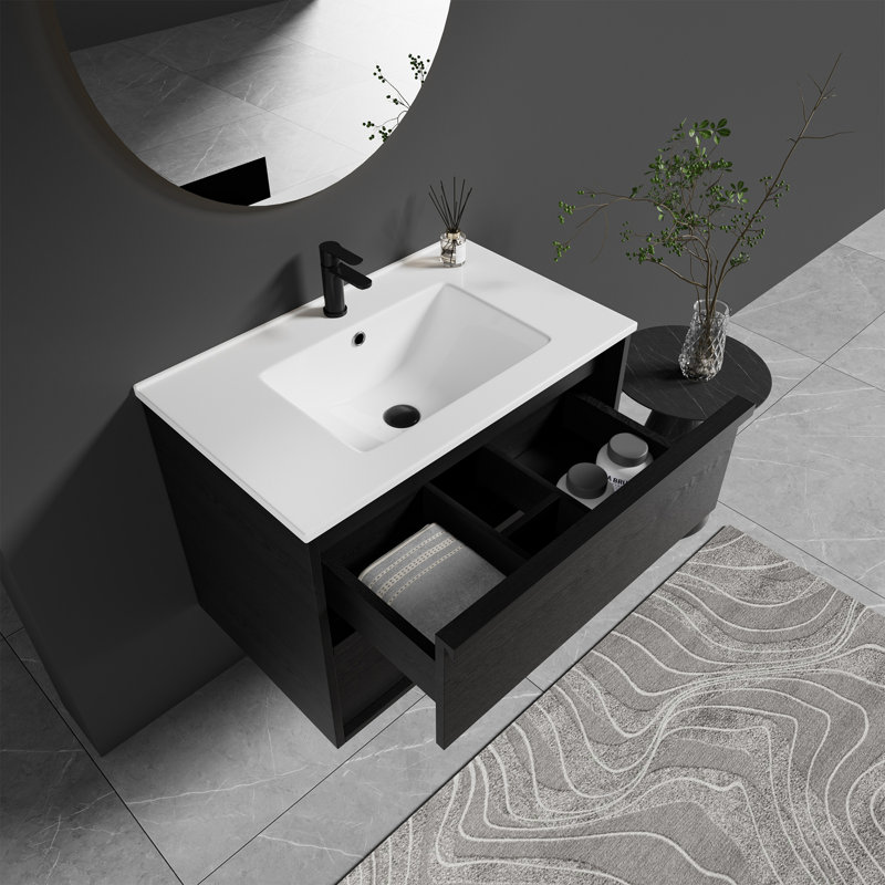 Meuble-lavabo suspendu Mokuro de 30 po à double tiroir avec lavabo en céramique intégré