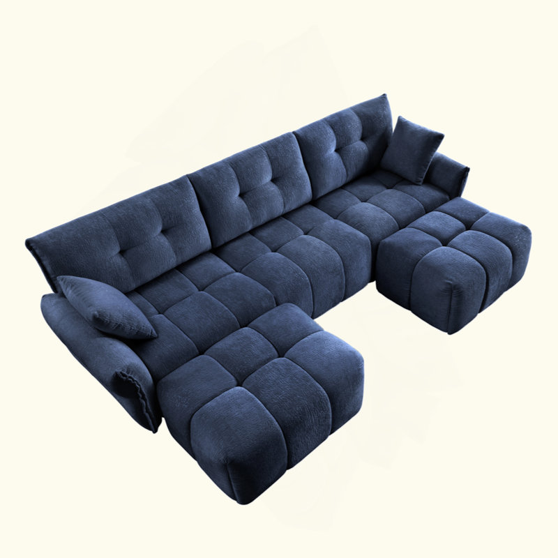 Canapé 4 places avec 2 repose-pieds, canapé à cadre en bois ou salon, bureau, hôtel, 3, Bleu