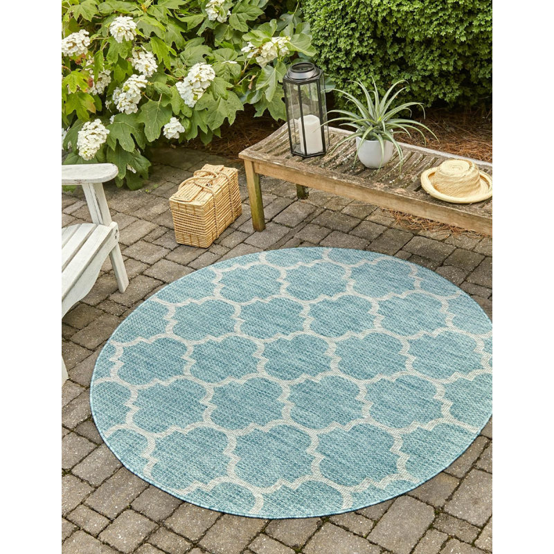 Tapis d'extérieur vert / bleu / vert, Rond 4 pi