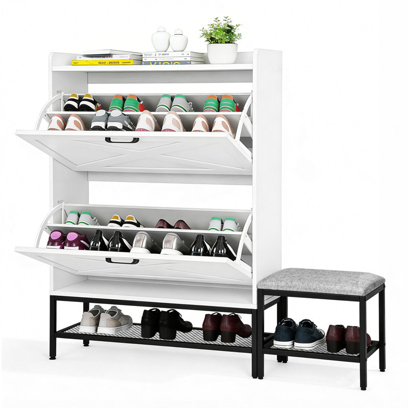 Range-chaussures 22 portes avec étagères rabattables et banc rembourré, Blanc