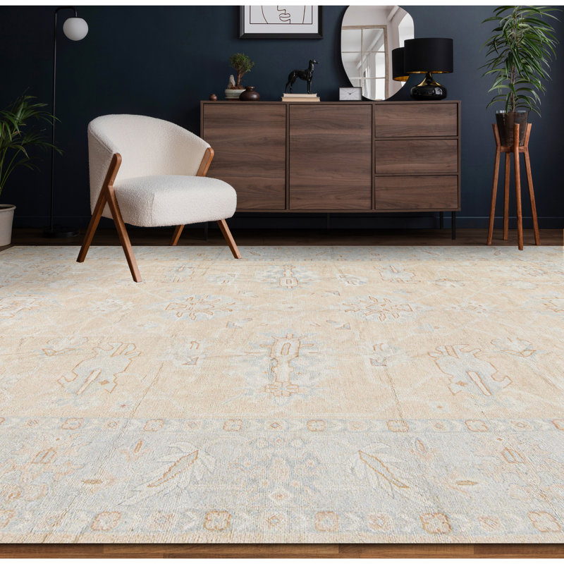 Tapis doré et bleu noué à la main de haute qualité
