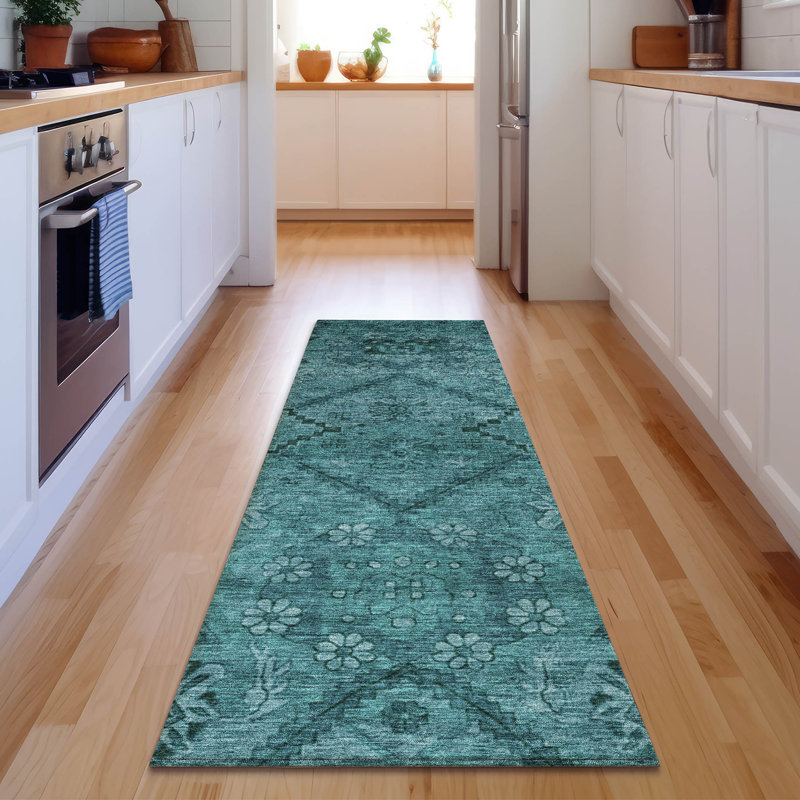 Premium Machine Washable Prisco Teal Rug, Runner 2'3" x 7'6"