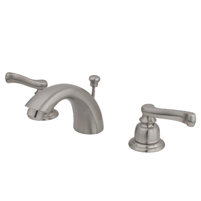 Kingston Brass Royale Two-Handle 3-Hole Deck Mount Mini-Widespread Bathroom Faucet with Plastic Pop-Up, Brushed Nickel