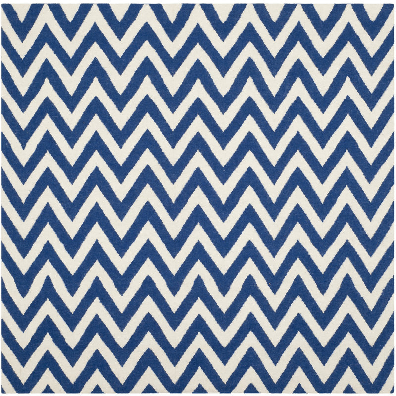 Emek Hand Woven Flat Weave Wool/Cotton Chevron Rug in Ivory/Blue, Square 8'