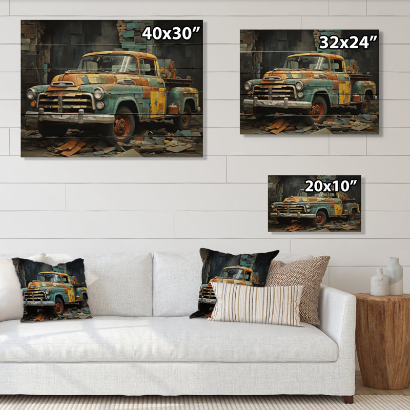 Camionnette Collage Popart sur impression sur bois, H 24 po x l 32 po x P 0,78 po