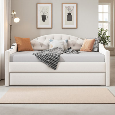 Twin Tufted Daybed with Trundle, Velvet Daybed with USB Charging Ports