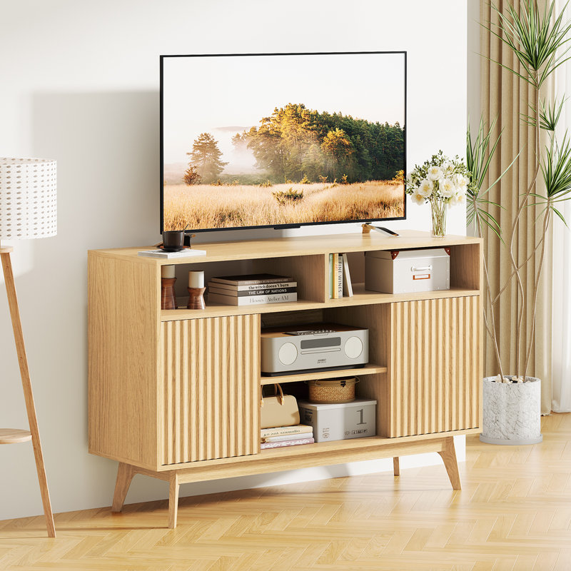 47" Minimalist Modern TV Stand with Solid Wood Legs-Oak, Oak Wood