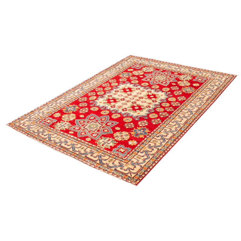 Tapis unique rouge / jaune / bleu noué à la main 6 pi 9 po x 9 pi 8 po Anary