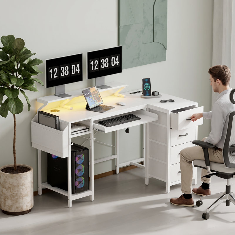 L-Shaped Desk with 4 Drawers, Keyboard Tray & LED Lights, Corner Computer Desk with Charging Station for Home Office and Gaming