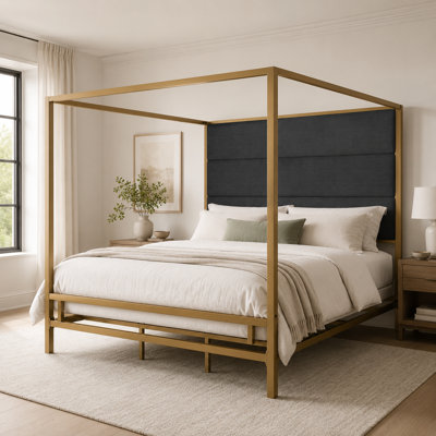 Zeigler King Modern Gold Canopy Bed with 76.5" Tall Linen Upholstered Headboard, Metal 4-Poster Bed Frame, Box Spring Required, 800LB Capacity, Elegant High-Profile Bed for Master Bedroom