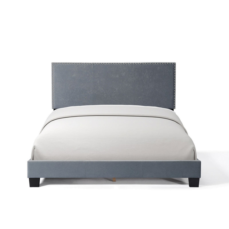 Lit plateforme tapissier avec garniture cloutée, Gris, Grand lit