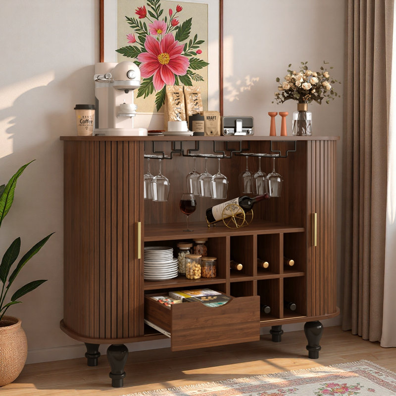 Fluted Liquor & Coffee Bar Cabinet With 6 Wine Racks, 3 Glass Holders, 1 Large Storage Drawer And 4 Hidden Side Storage Compartments
