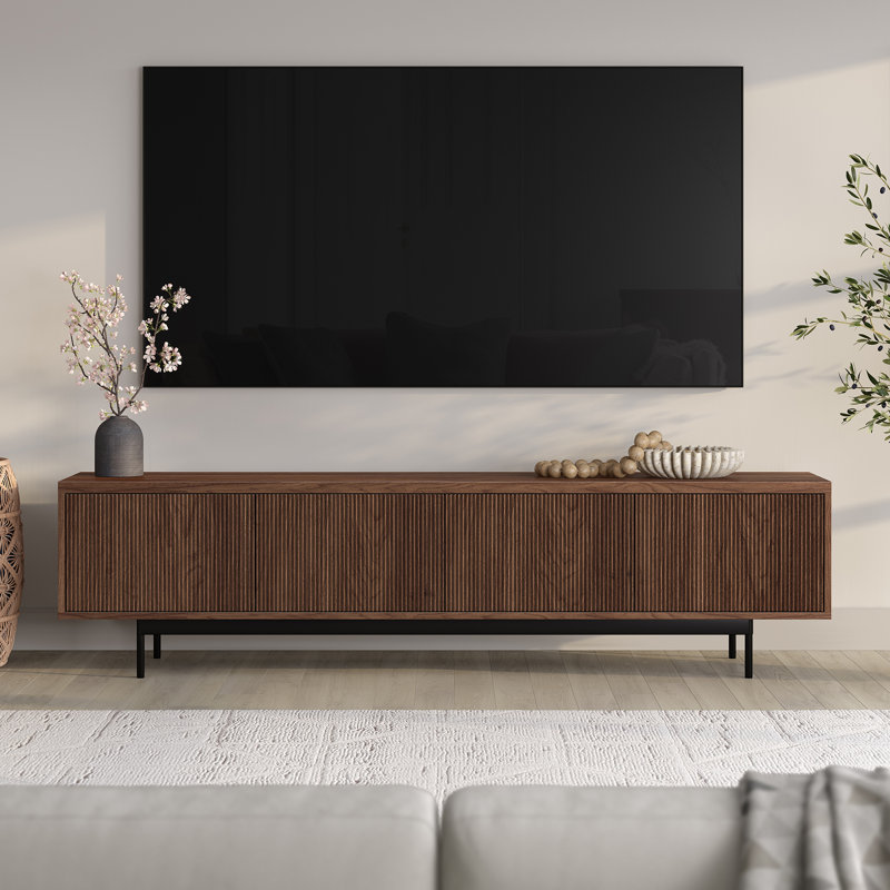 75" TV Stand for TVs up to 85" with Fluted Doors, Storage & Cable Management — Satin Walnut Mid-Century Modern Media Console for Living Room | Whitman