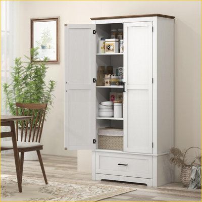 Armoire de cuisine de style campagnard autoportant de 69 po de hauteur avec 2 portes, un tiroir et des tablettes réglables | Blanc | Panneau de particules