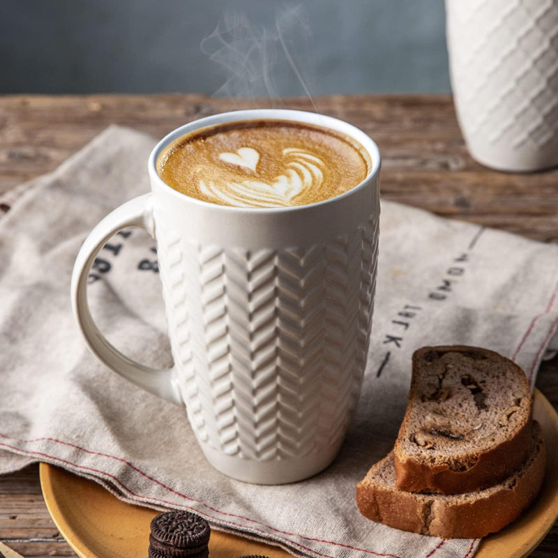 Ensemble de 6 grandes tasses à café en céramique avec motifs géométriques texturés, Beige