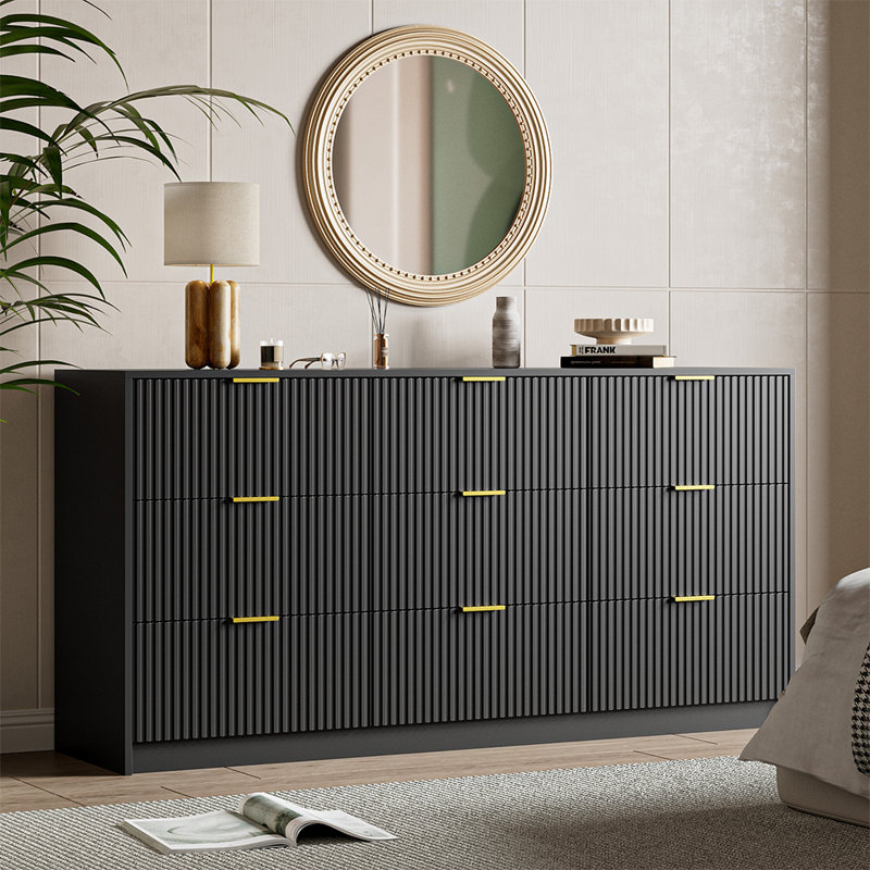 Commode 9 tiroirs Aphan, l 63 po, Noir
