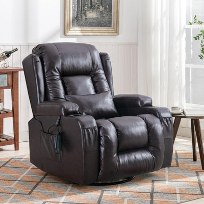 Vegan Leather Manual Swivel Rocker Glider Recliner Chair with Massage & Heat, Lumbar Pillow Included -  Ebern Designs, 6996676F00EF40A8AF5918C34E28990B