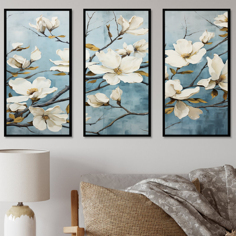 «White Blue Dogwood Peacefulness» - ensemble d'art mural en toile de cornouiller, Cadre flottant noir