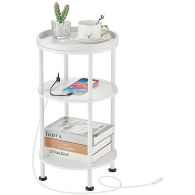 Petite table de bout ronde avec station de charge, canapé d'appoint à 3 niveaux avec ports USB et prises de courant, canapé, table d'appoint pour le salon, petite table de chevet, chambre à coucher (chargeur USB, blanc)