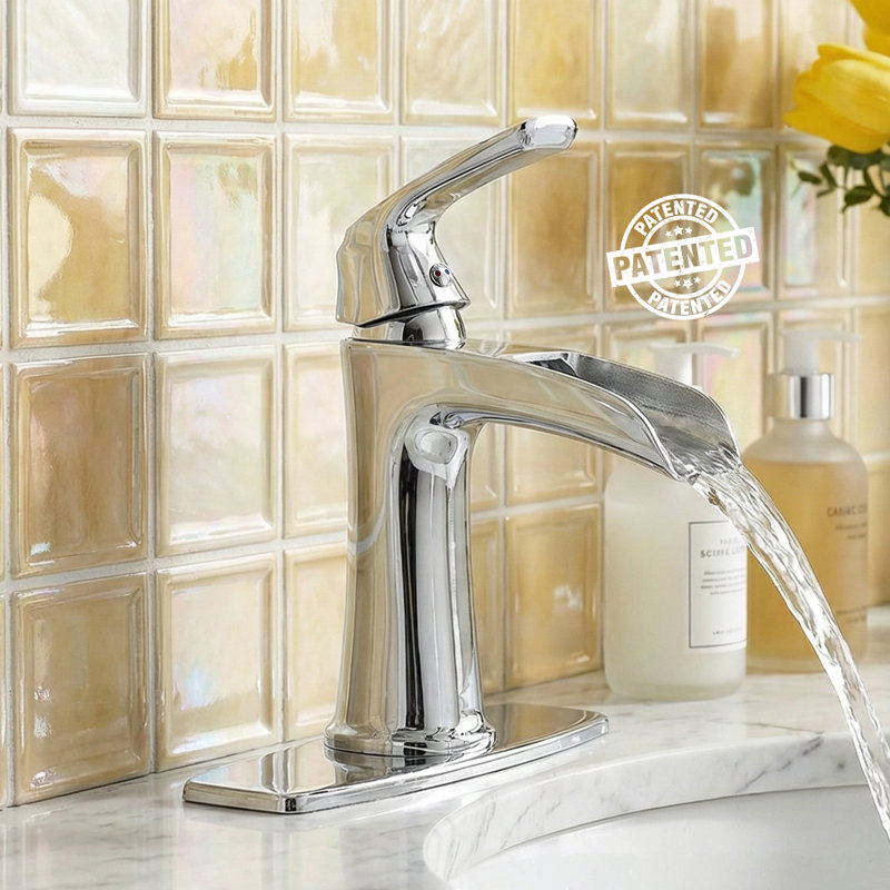 Waterfall Bathroom Faucet With Pop-Up Drain And Deck Plate – Single Handle, Hot & Cold Control, Chrome