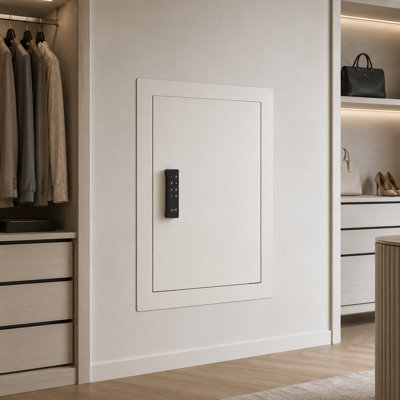 White 0.83 square foot three-layer wall-mounted safe, made of cold-rolled steel, with locks and adjustable shelves for easy storage of valuables.