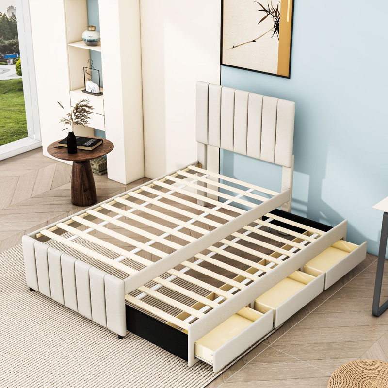 Lit plateforme tapissier avec couchette simple et tiroirs Cuevas Simpkins, Beige, Simple