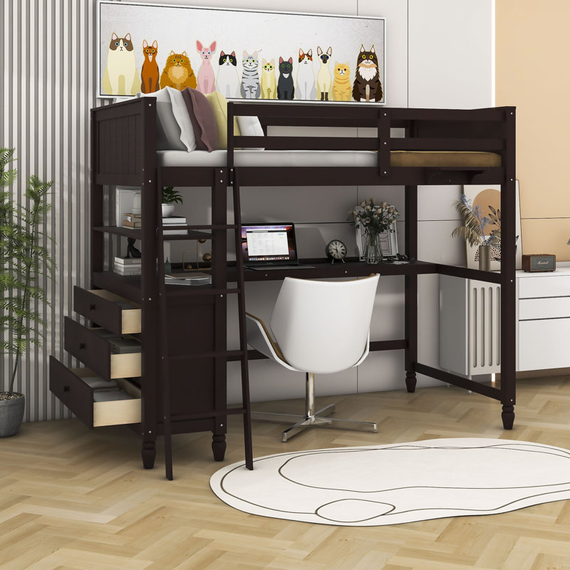 Dorie Kids 6 Drawers Wooden Loft Bed With Desk and Shelves, Espresso, Twin
