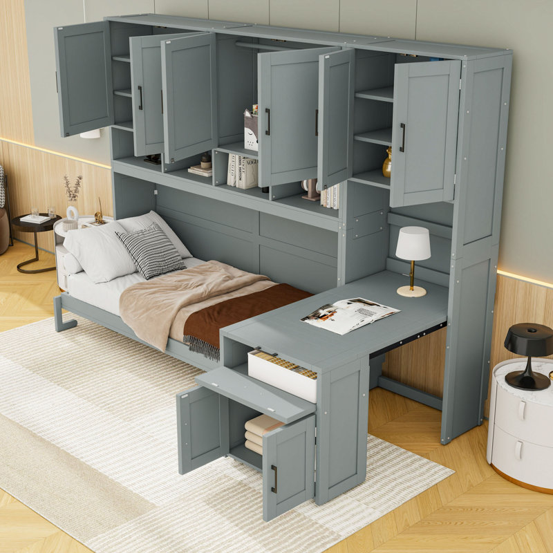Lit escamotable simple avec tablettes de rangement intégrées et garde-robe, Gris