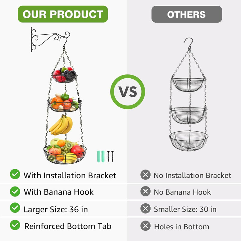 Panier à fruits suspendu à 3 niveaux avec crochet banane, paniers suspendus robustes en fil de fer de 36 pouces pour le rangement de la cuisine, organisateur de légumes (y compris le support d'installation)