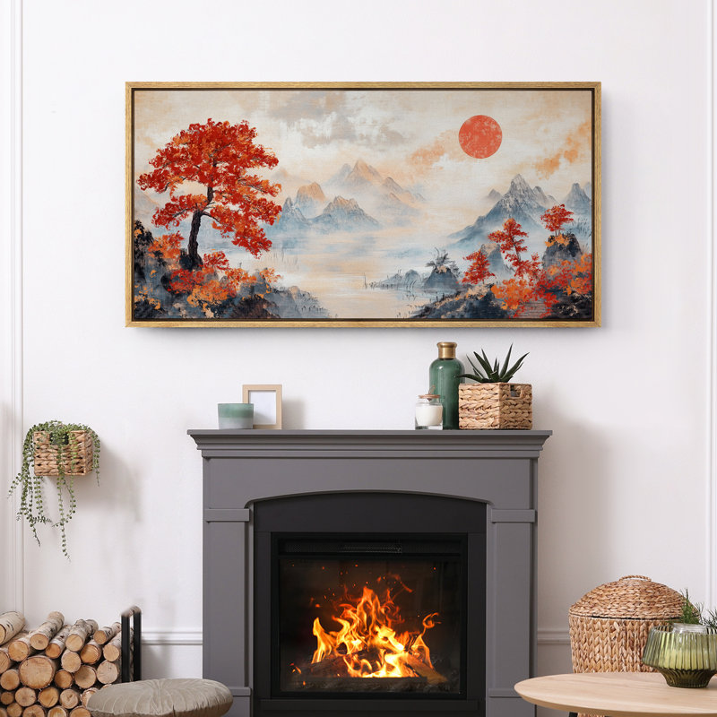 «Red Sun Trees», art mural de style chinois, impression numérique sur toile giclée sur toile, Naturel, H 30 po x l 60 po