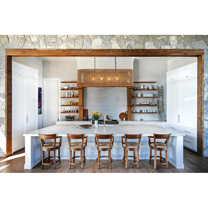 Boho Chandelier Light Fixture 42 Inch, Farmhouse Rattan Pendant Light For Dining Room, Rustic Rectangular Chandeliers