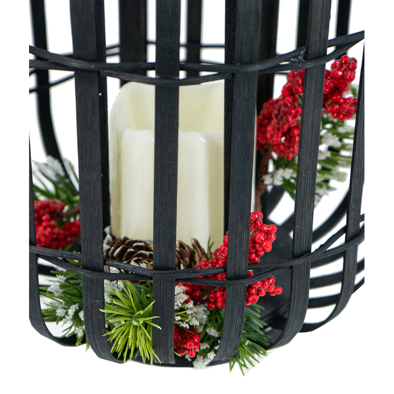Lanterne en bambou noir 9 x 9 x 11,5 po avec conception à lattes ouvertes et bougie DEL blanche, H 11,5 po x l 9 po x P 9 po