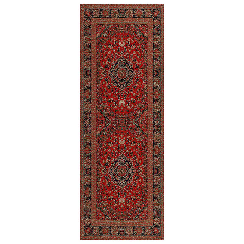 Guria Red/Brown Oriental Machine Printed Cotton Chenille Area Rug, Runner 4' x 13'2"