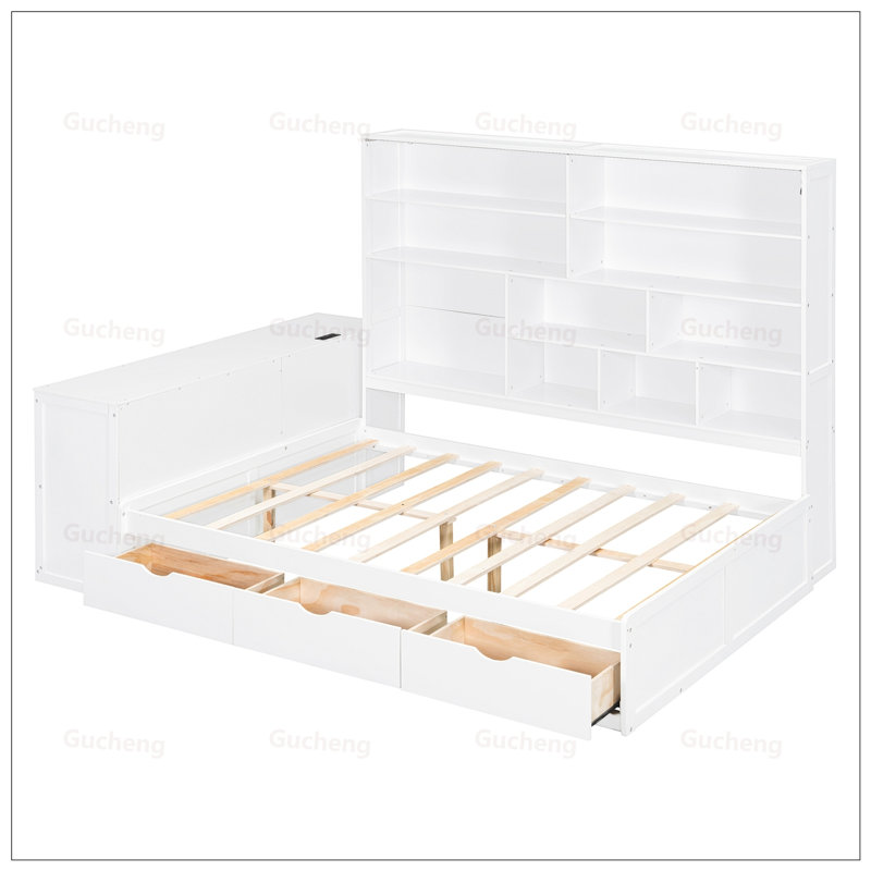 Lit de jour en bois avec trois tiroirs, bureau, tablettes et lumières pour des espaces de vie multifonctionnels, Blanc