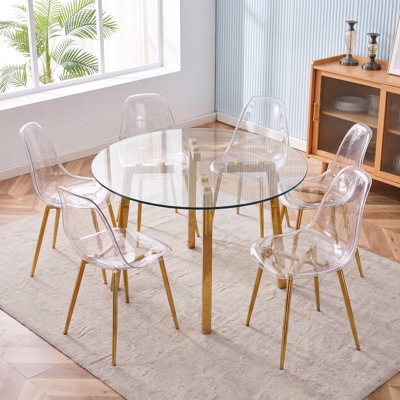 Ensemble de salle à manger rond moderne 7 pièces peu encombrant, table en verre trempé avec chaises transparentes