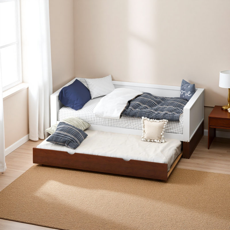 Twin Daybed With Trundle - Solid Wood Sofa Bed Frame, 350Lbs Capacity, Locking Wheels , Multi-Functional For Living Room, Bedroom & Guest Room